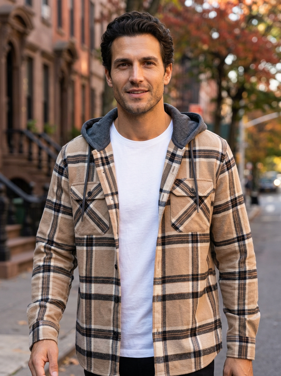 Men's Hooded Buffalo Check Flannel Shirt – lifestyle shot