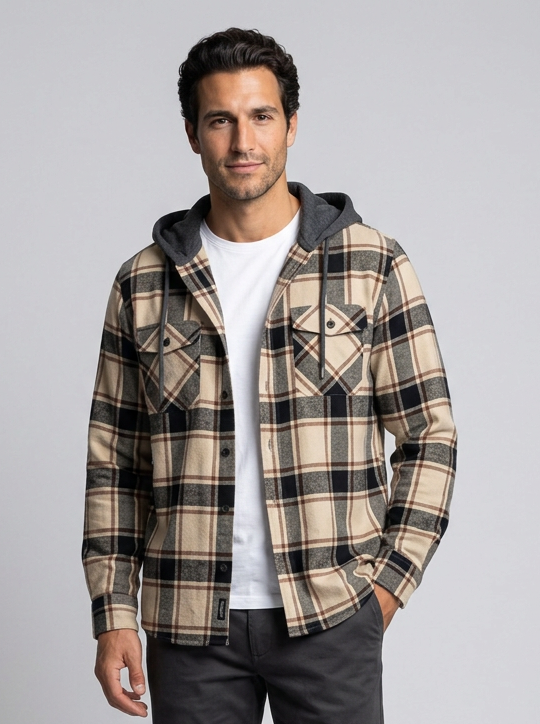 Men's Hooded Buffalo Check Flannel Shirt – three-quarter view