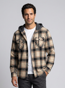 Men's Hooded Buffalo Check Flannel Shirt – three-quarter view