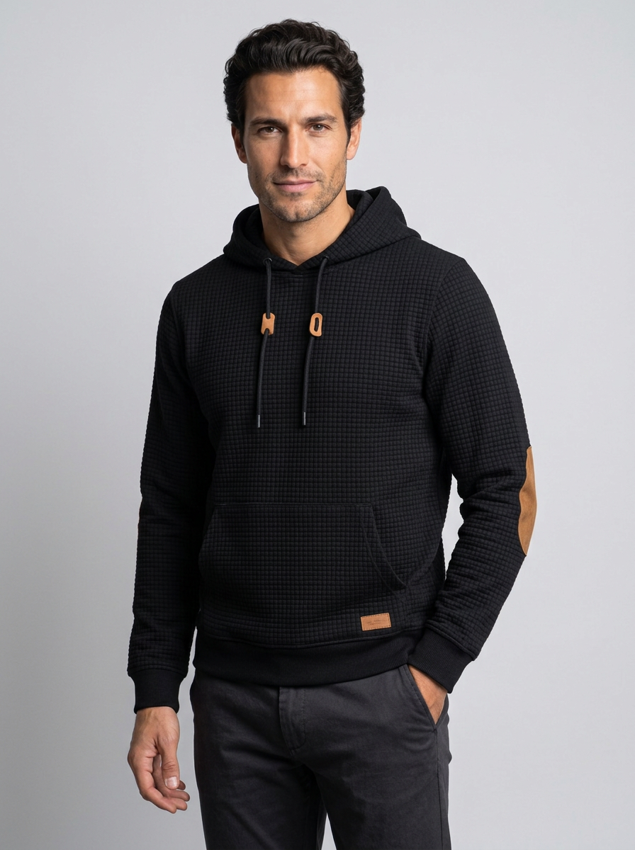 Men's Check Waffle Knit Hoodie in Black – front view