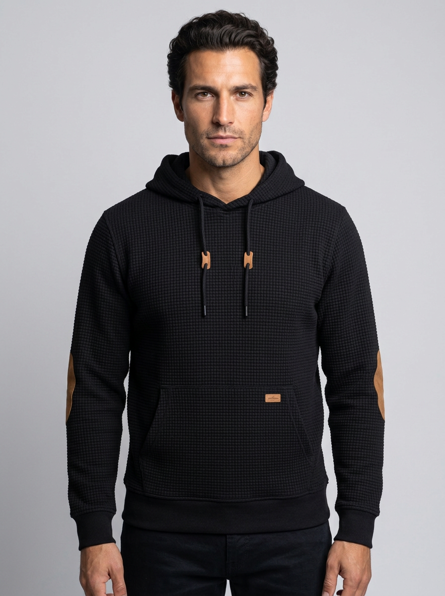 Men's Check Waffle Knit Hoodie in Black – front view