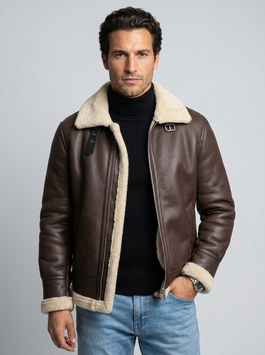 Men's Faux Shearling Aviator Jacket in Brown – front view