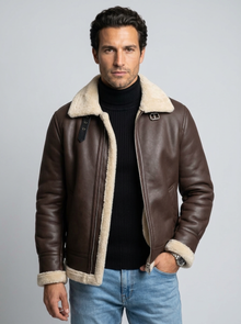 Men's Faux Shearling Aviator Jacket in Brown – front view