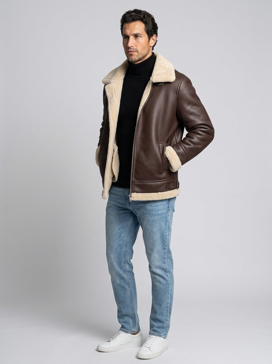 Men's Faux Shearling Aviator Jacket in Brown – side view