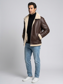 Men's Faux Shearling Aviator Jacket in Brown – side view