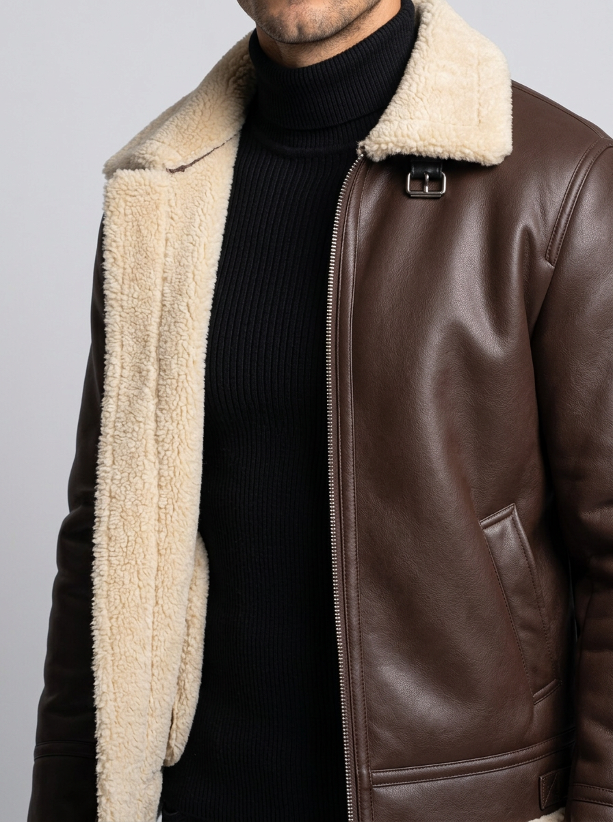 Men's Faux Shearling Aviator Jacket in Brown – collar detail