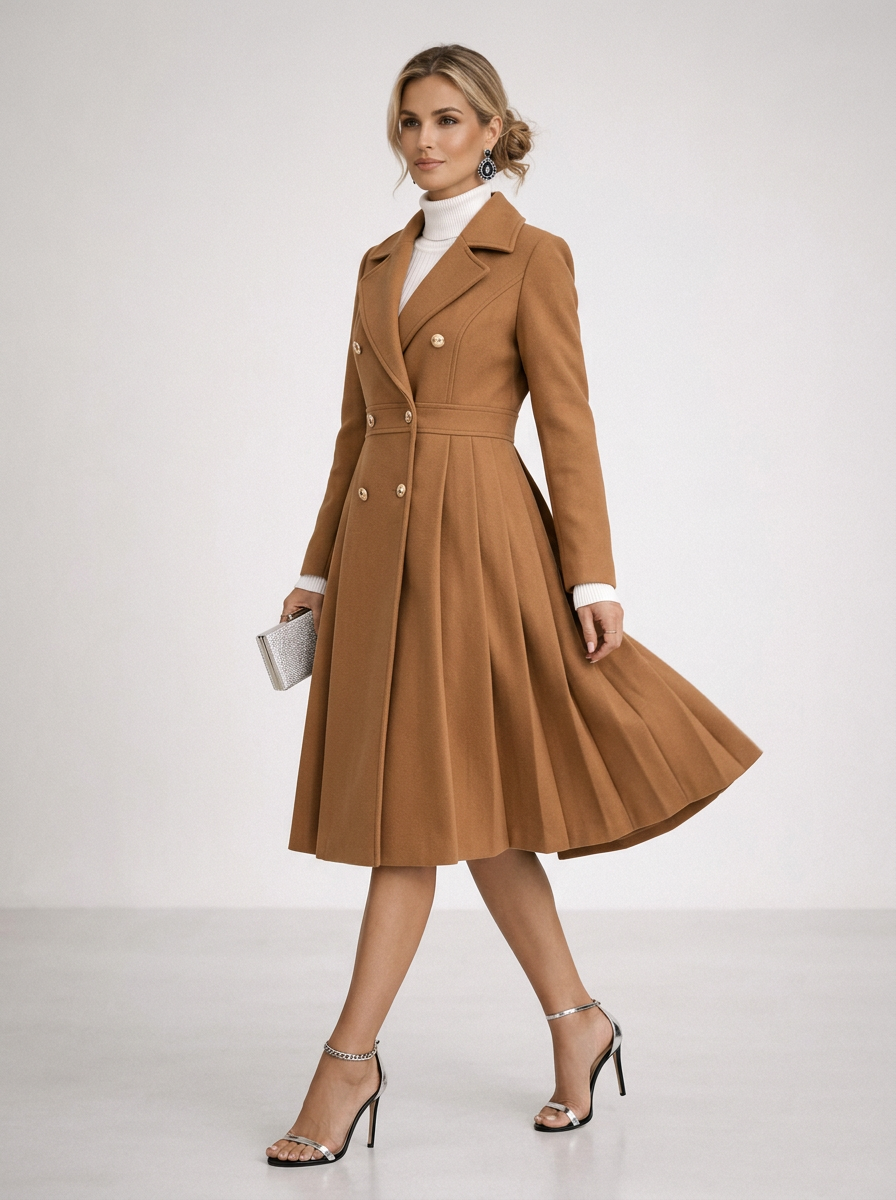 Women's Fit & Flare Double Breasted Coat in Camel – side view