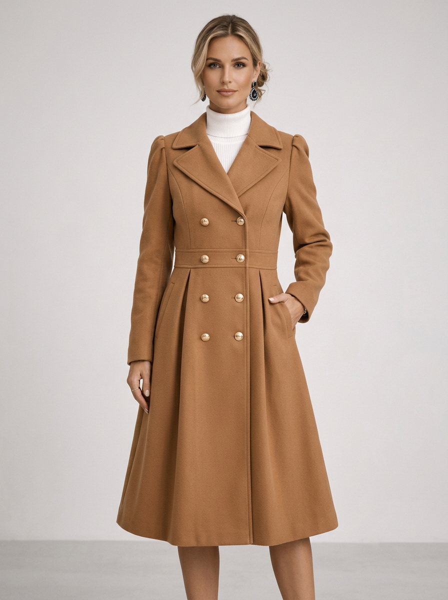 Women's Fit & Flare Double Breasted Coat in Camel – front view