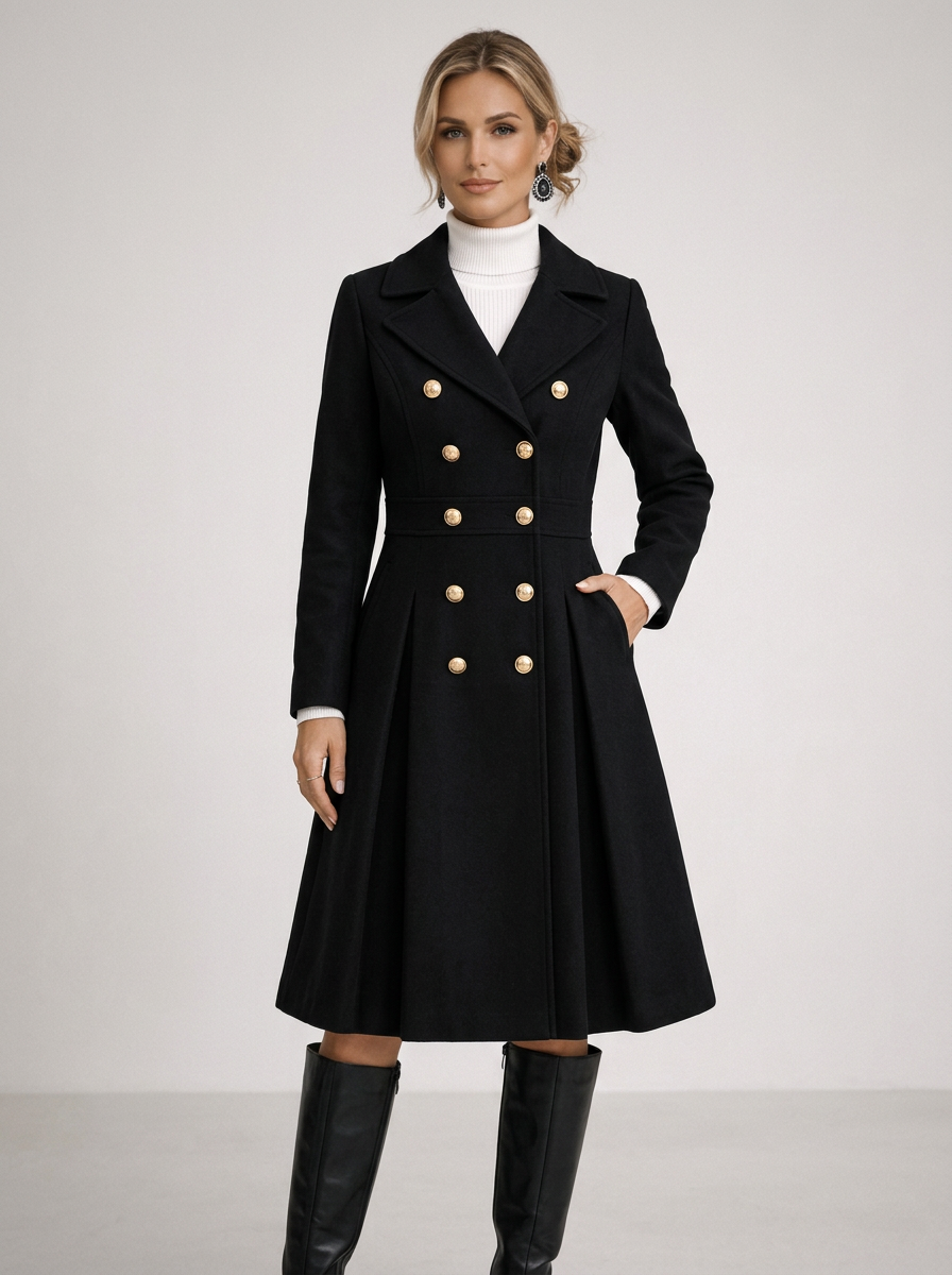 Women's Fit & Flare Double Breasted Coat in Black