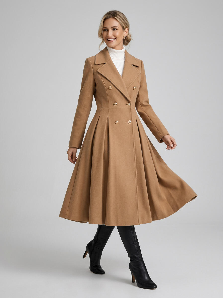 Women's Fit & Flare Double Breasted Coat in Camel – lifestyle shot