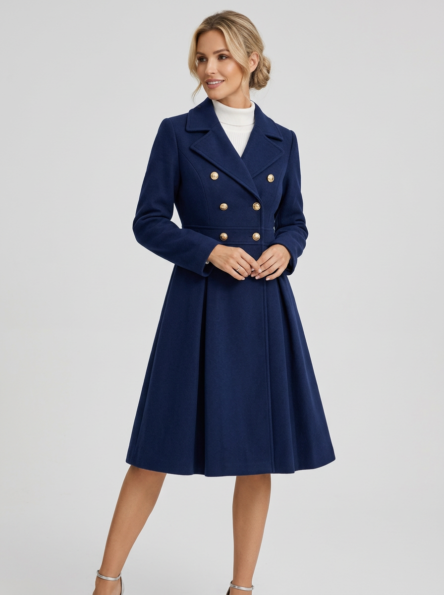 Women's Fit & Flare Double Breasted Coat in Navy Blue