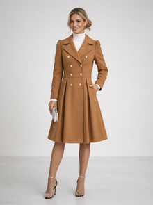 Women's Fit & Flare Double Breasted Coat in Camel – three-quarter view