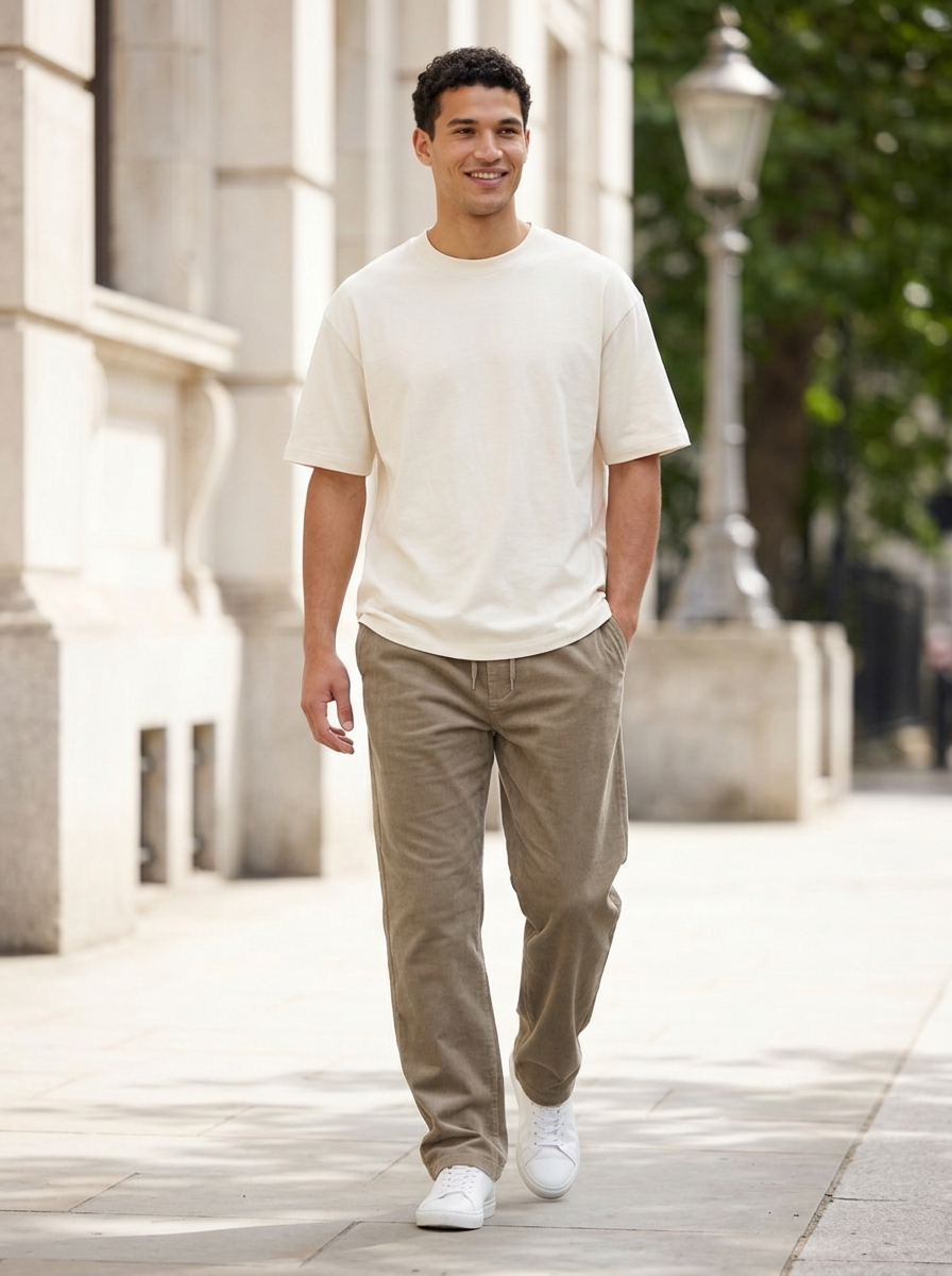 Men's Ribbed Elasticated Waist Trousers in Khaki – lifestyle shot