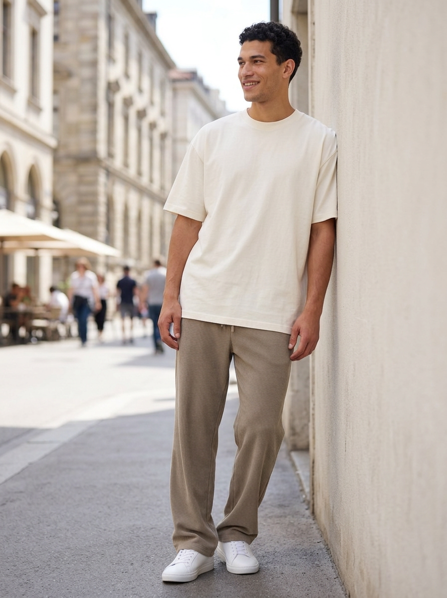 Men's Ribbed Elasticated Waist Trousers in Khaki – lifestyle shot 2