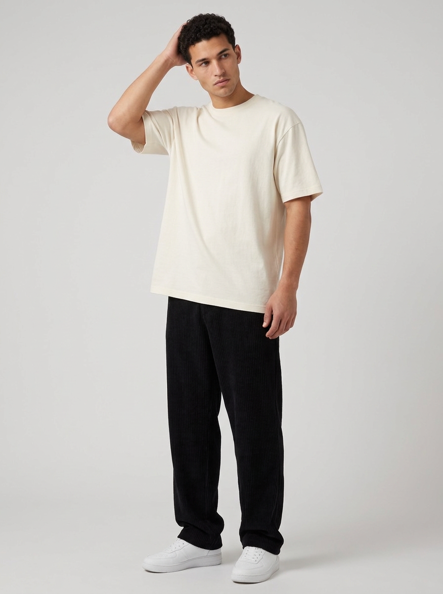Men's Ribbed Elasticated Waist Trousers in Black