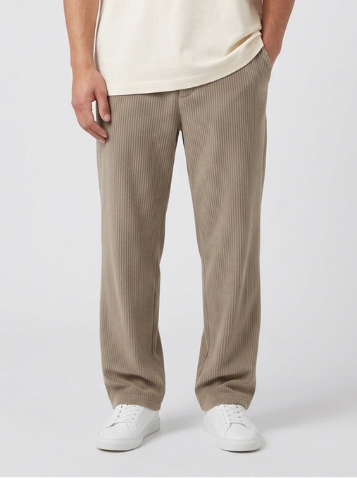 Men's Ribbed Elasticated Waist Trousers in Khaki – front view