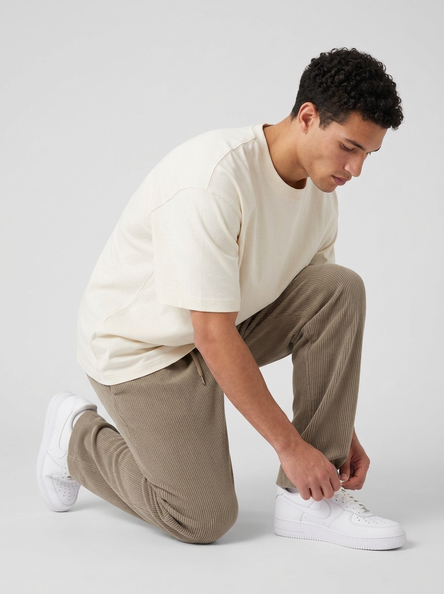 Men's Ribbed Elasticated Waist Trousers in Khaki – front view
