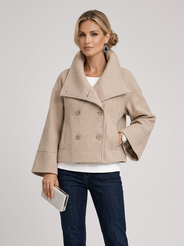 Women's Short Wool Wrap Coat in Beige