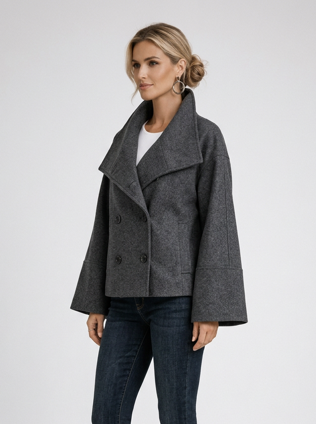 Women's Short Wool Wrap Coat in Dark Grey – side view