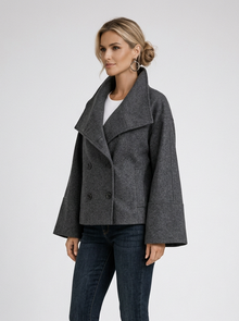 Women's Short Wool Wrap Coat in Dark Grey – side view