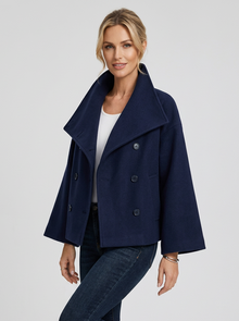 Women's Short Wool Wrap Coat in Navy