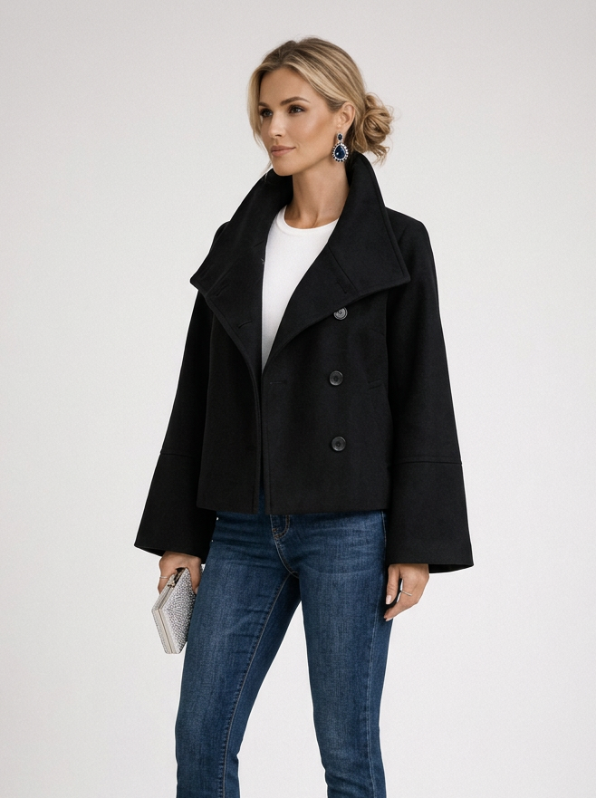 Women's Short Wool Wrap Coat in Black