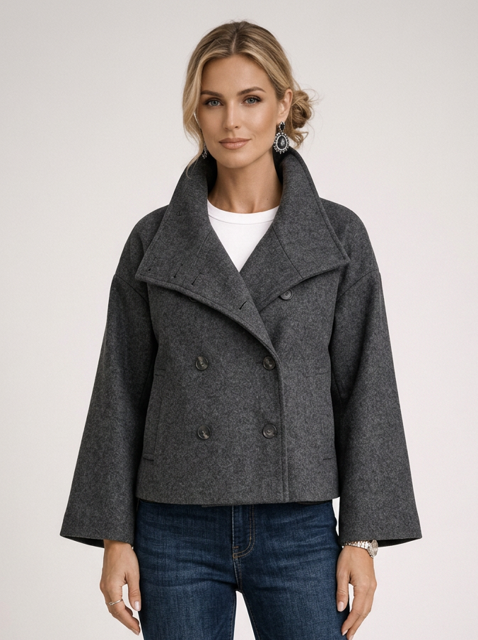 Women's Short Wool Wrap Coat in Dark Grey – front view