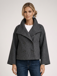 Women's Short Wool Wrap Coat in Dark Grey – front view