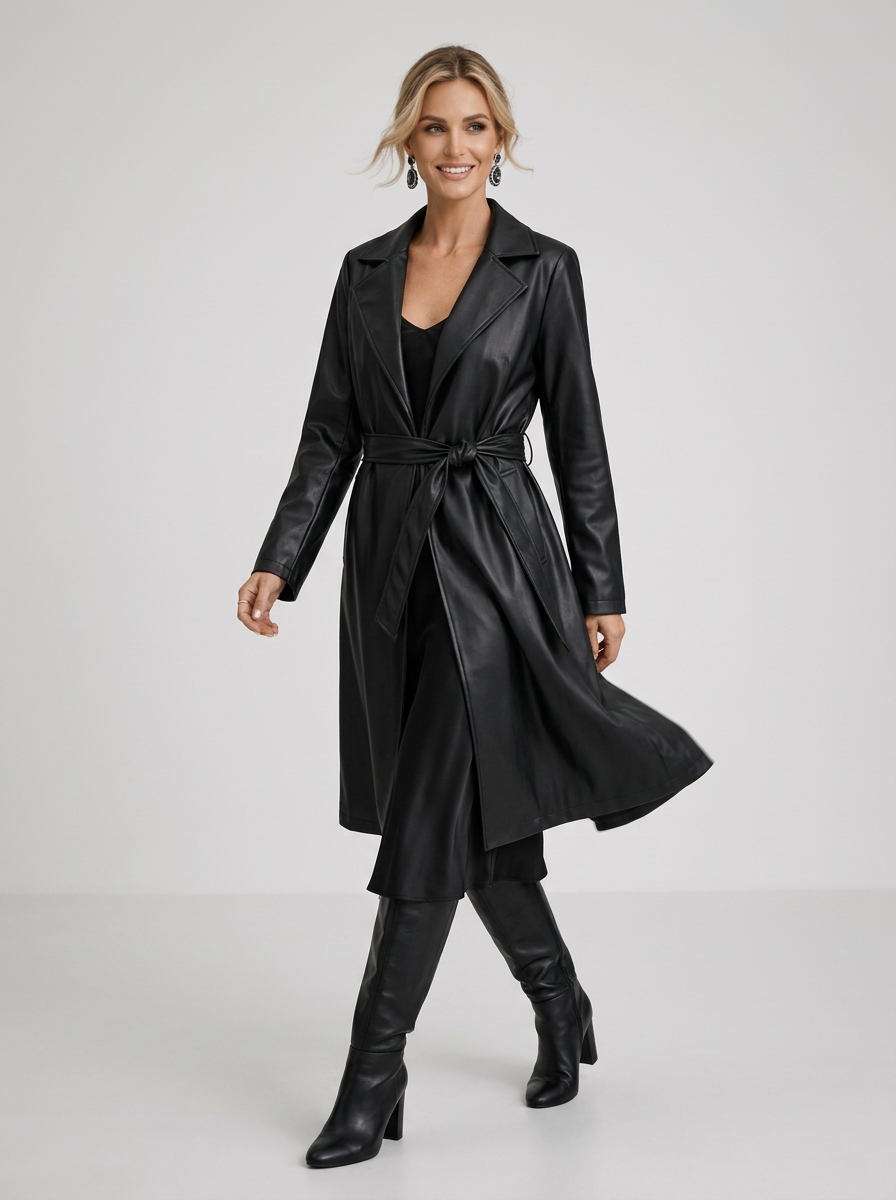 Women's Long Faux Leather Trench Coat in Black – front view