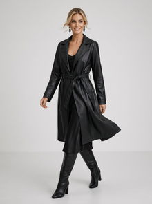 Women's Long Faux Leather Trench Coat in Black – lifestyle shot