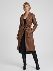 Women's Long Faux Leather Trench Coat in Brown