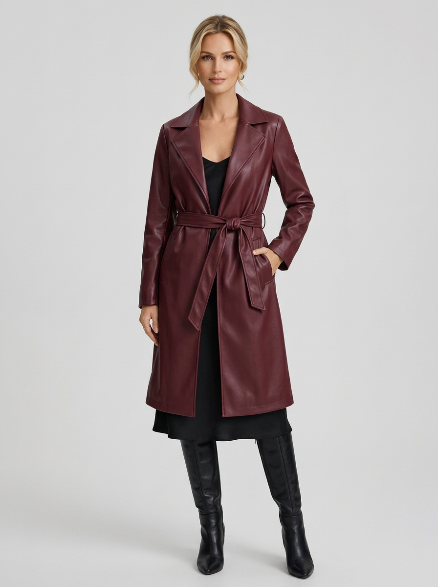 Women's Long Faux Leather Trench Coat in Burgundy