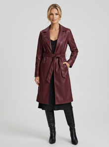 Women's Long Faux Leather Trench Coat in Burgundy