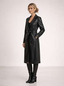 Women's Long Faux Leather Trench Coat in Black – side view