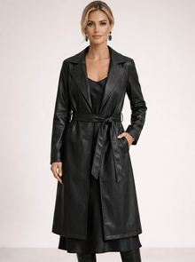 Women's Long Faux Leather Trench Coat in Black – front view