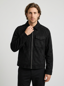 Men's Oversized Faux Suede Jacket in Black