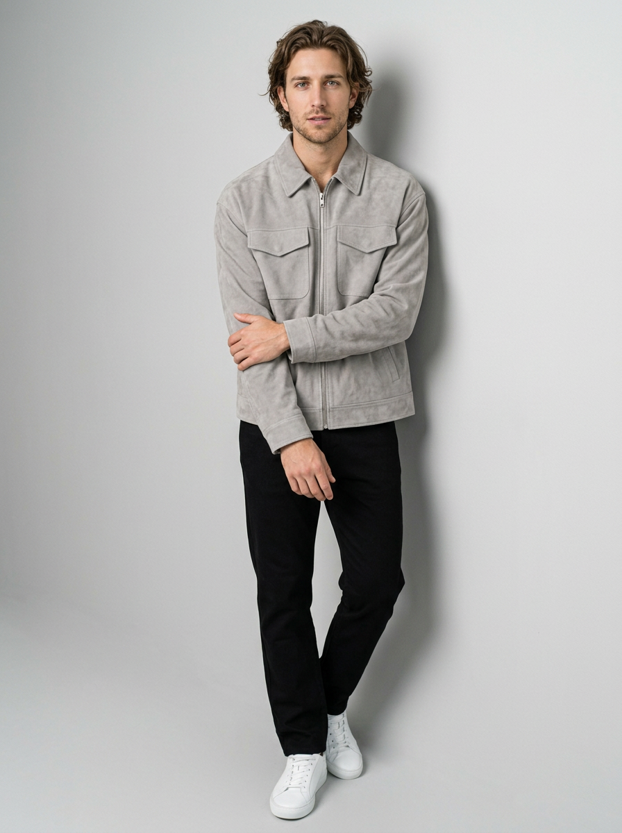 Men's Oversized Faux Suede Jacket in Grey – lifestyle shot