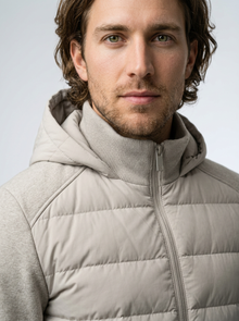 Men's Lightweight Hooded Quilted Puffer Jacket in Grey – detail view