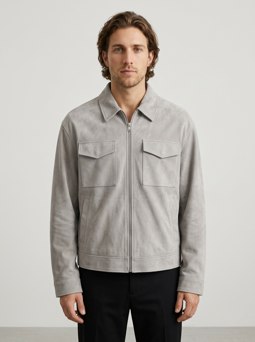 Men's Oversized Faux Suede Jacket in Grey – front view