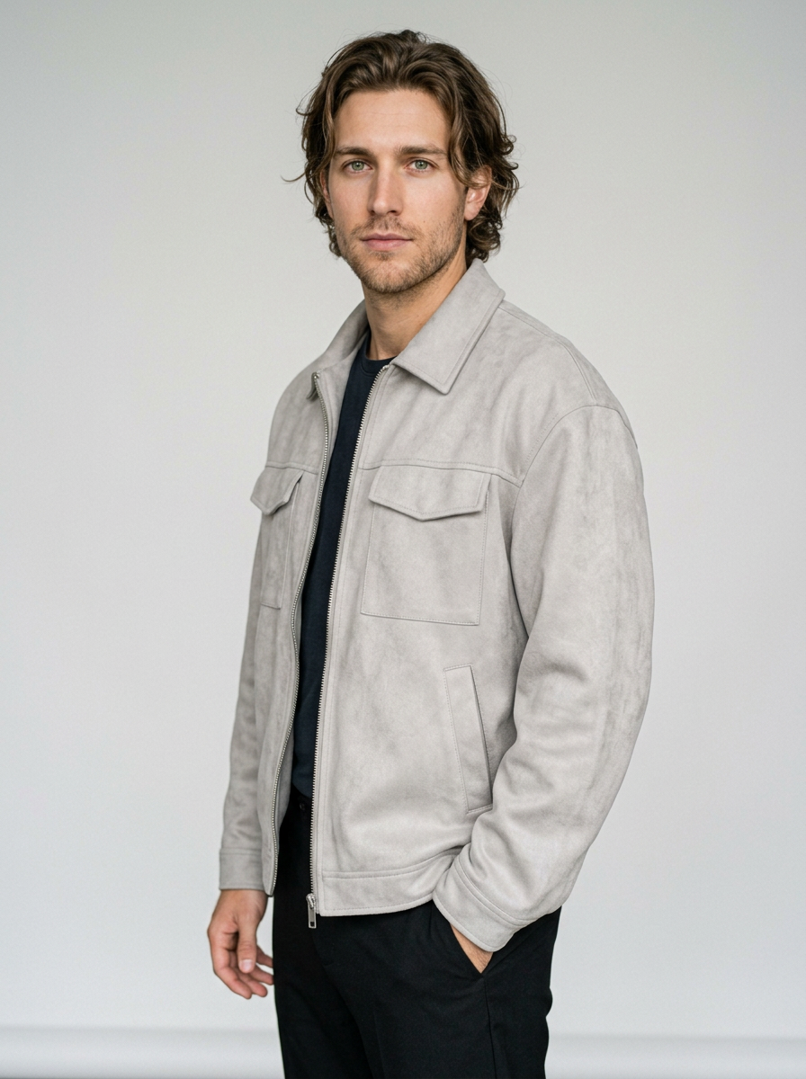 Men's Oversized Faux Suede Jacket in Grey – front view