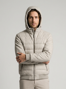 Men's Lightweight Hooded Quilted Puffer Jacket in Grey – hood up