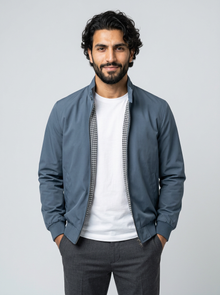 Men's Slim Fit Bomber Jacket in Blue – unzipped