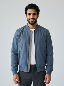 Men's Slim Fit Bomber Jacket in Blue – front view
