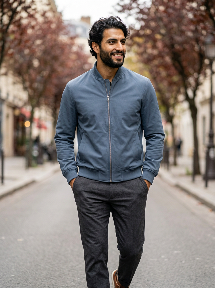 Men's Slim Fit Bomber Jacket in Blue – lifestyle shot