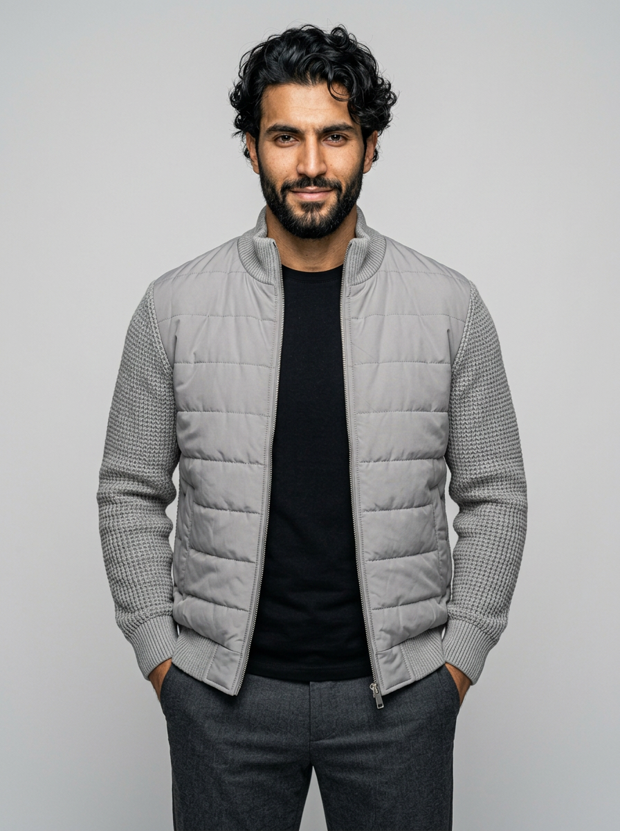 Men's Stand Collar Patchwork Fleece Jacket in Light Grey – three-quarter view