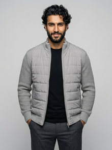 Men's Stand Collar Patchwork Fleece Jacket in Light Grey – image 2