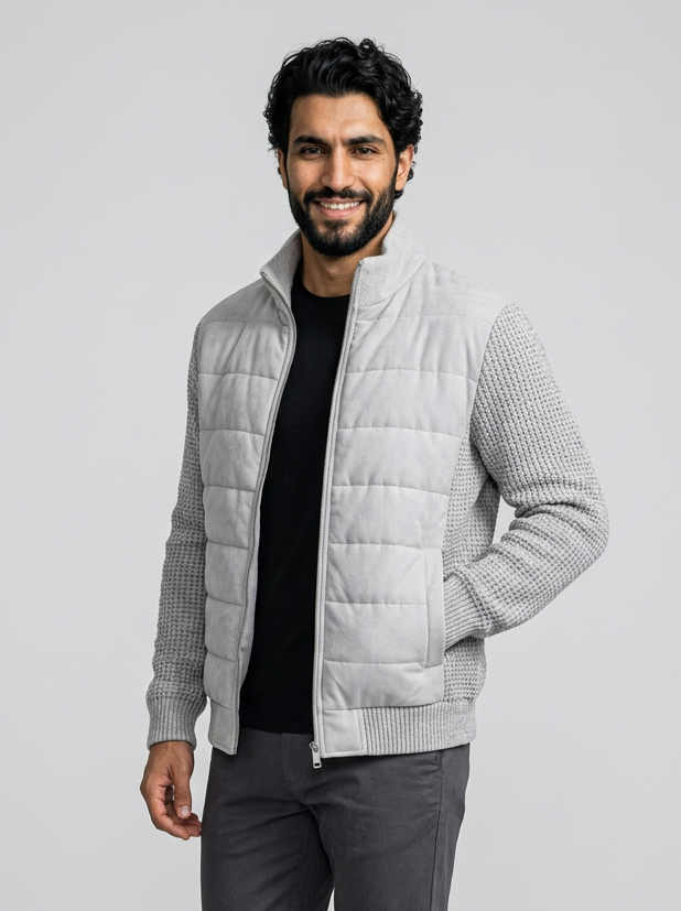 Men's Stand Collar Patchwork Fleece Jacket in Light Grey – three-quarter view