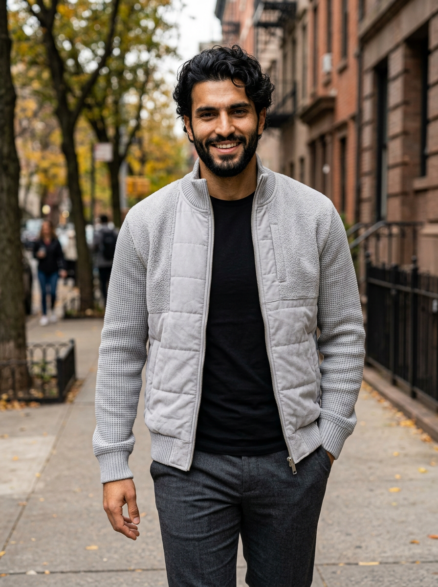Men's Stand Collar Patchwork Fleece Jacket in Light Grey – lifestyle shot