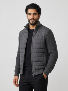 Men's Stand Collar Patchwork Fleece Jacket in Dark Grey