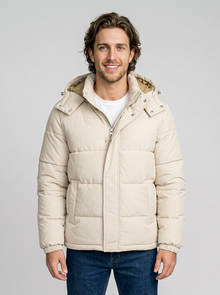 Men's Quilted Puffer Jacket with Detachable Hood in Beige – front view